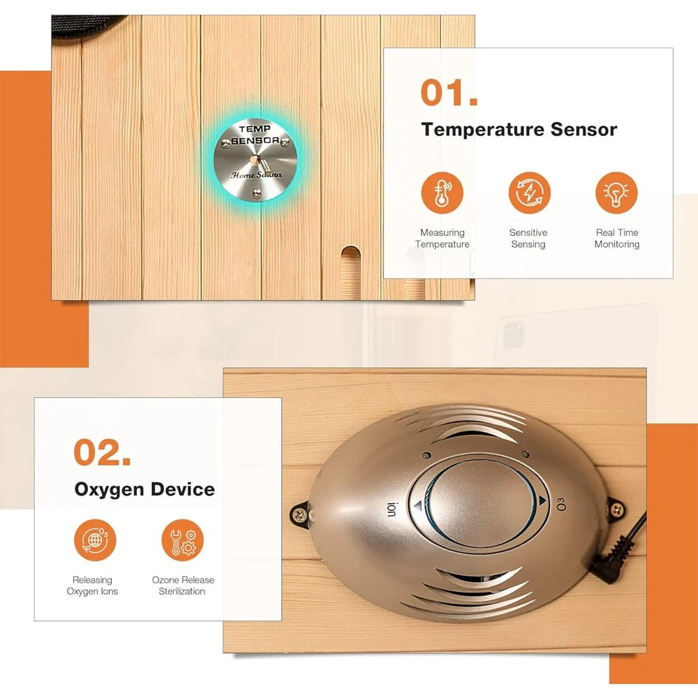 Luxury 2-Person Low EMF FAR Infrared Heat Wood Home Personal Spa Sauna W/ Panoramic Tempered Glass, 2000W (93627481) - Image 7