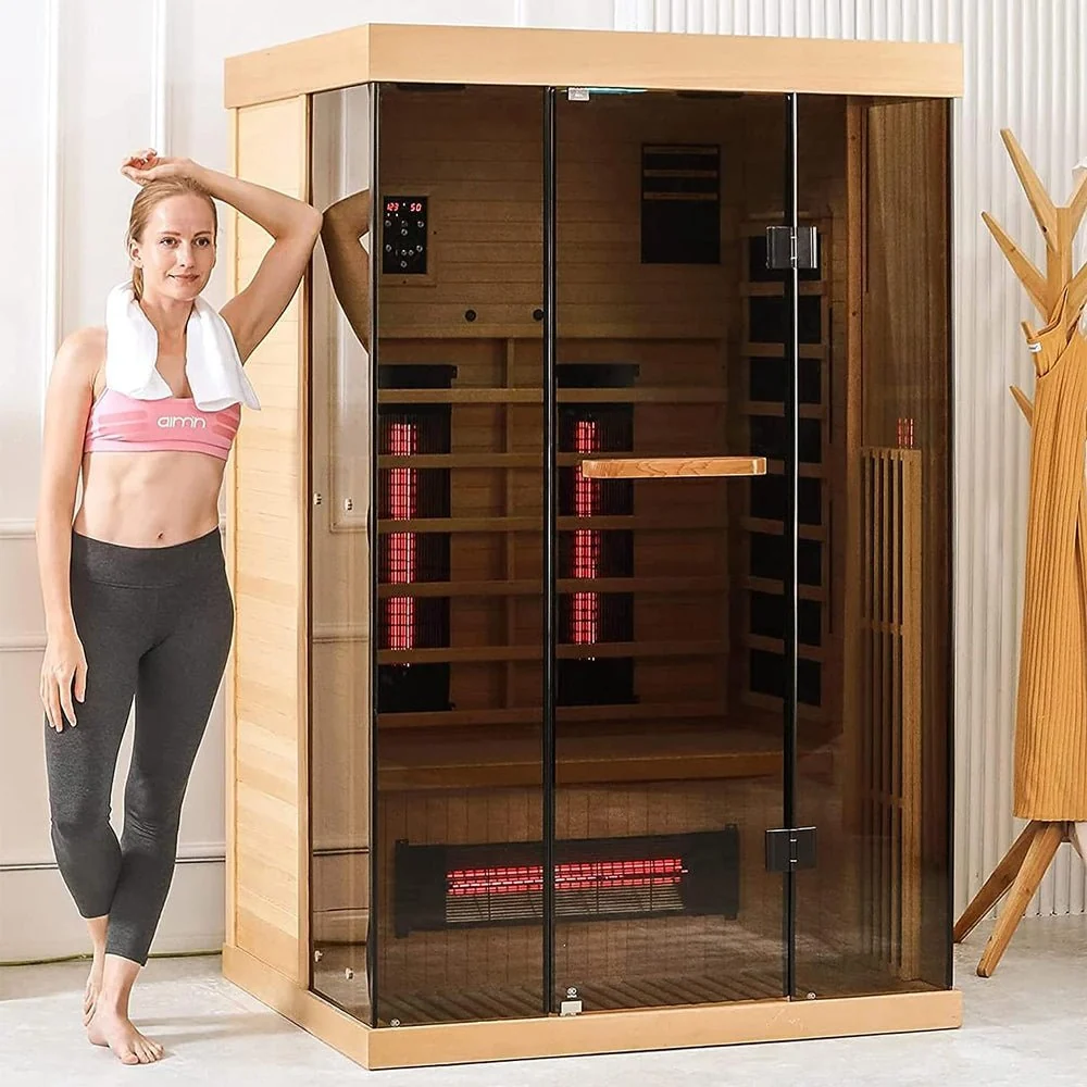Luxury 2-Person Low EMF FAR Infrared Heat Wood Home Personal Spa Sauna W/ Panoramic Tempered Glass, 2000W (93627481) - Image 8
