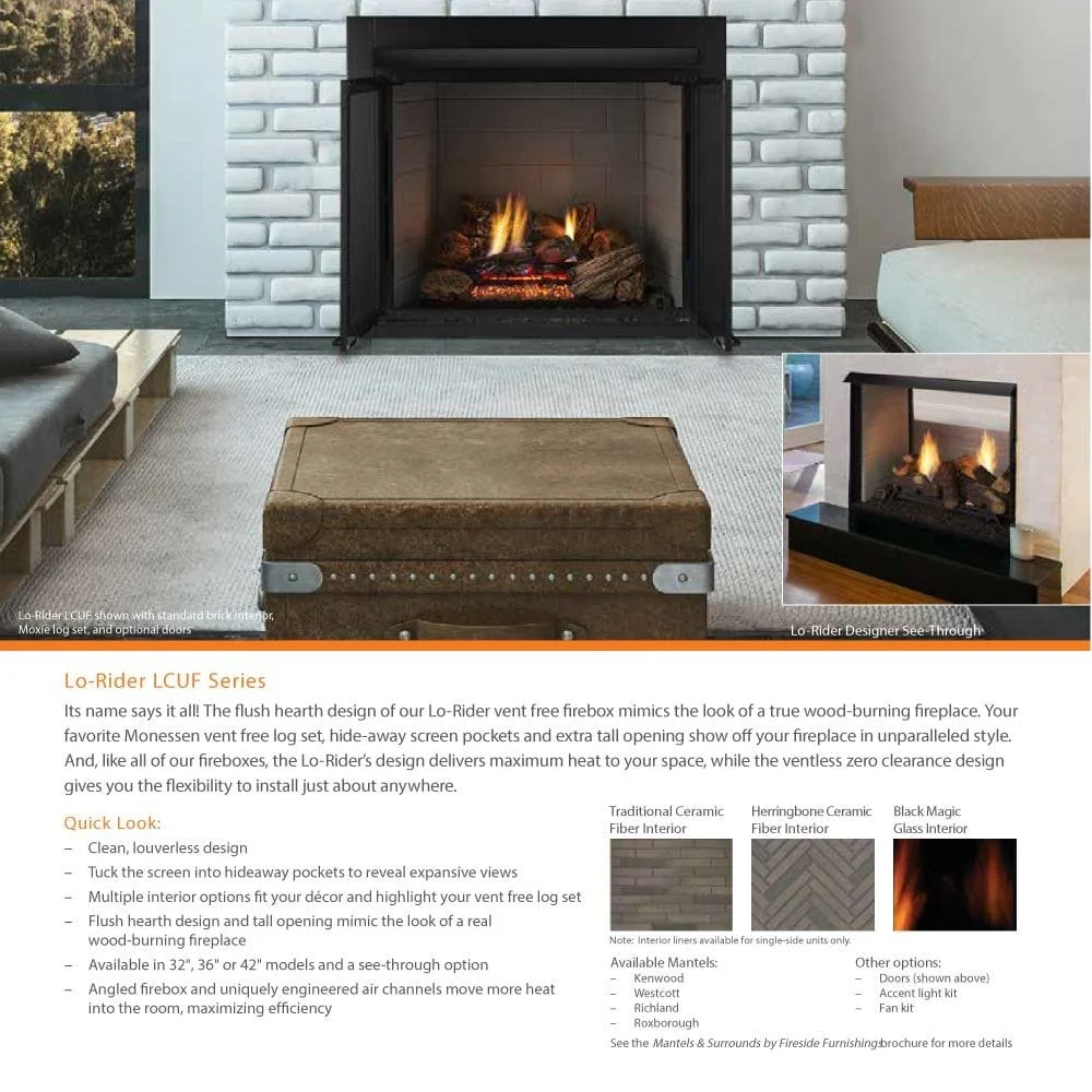 Monessen 36" Lo-Rider Double-Sided Clean Face Vent Free Firebox with Traditional Refractory Firebrick - Image 4