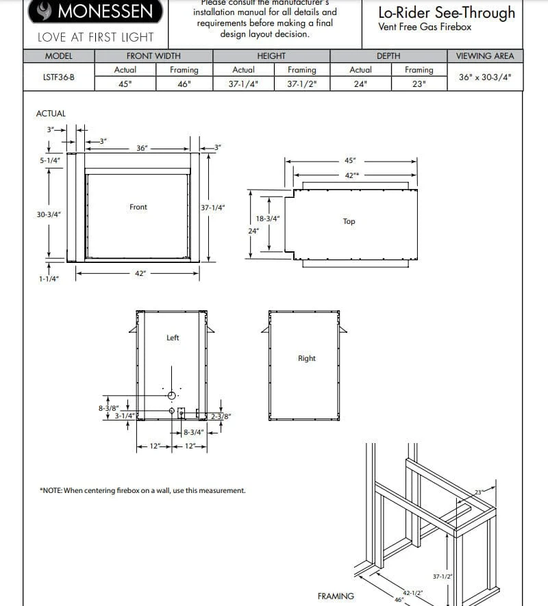 Monessen 36" Lo-Rider Double-Sided Clean Face Vent Free Firebox with Traditional Refractory Firebrick - Image 7