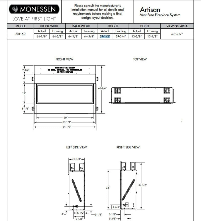Monessen 60" Artisan Vent-Free Linear Gas Fireplace with IPI Plus Electronic Ignition and Remote Control - Image 9