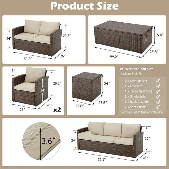 Patio Rattan Wicker Furniture Set With Storage Boxes & Conversation Set, 7PCS - Image 7
