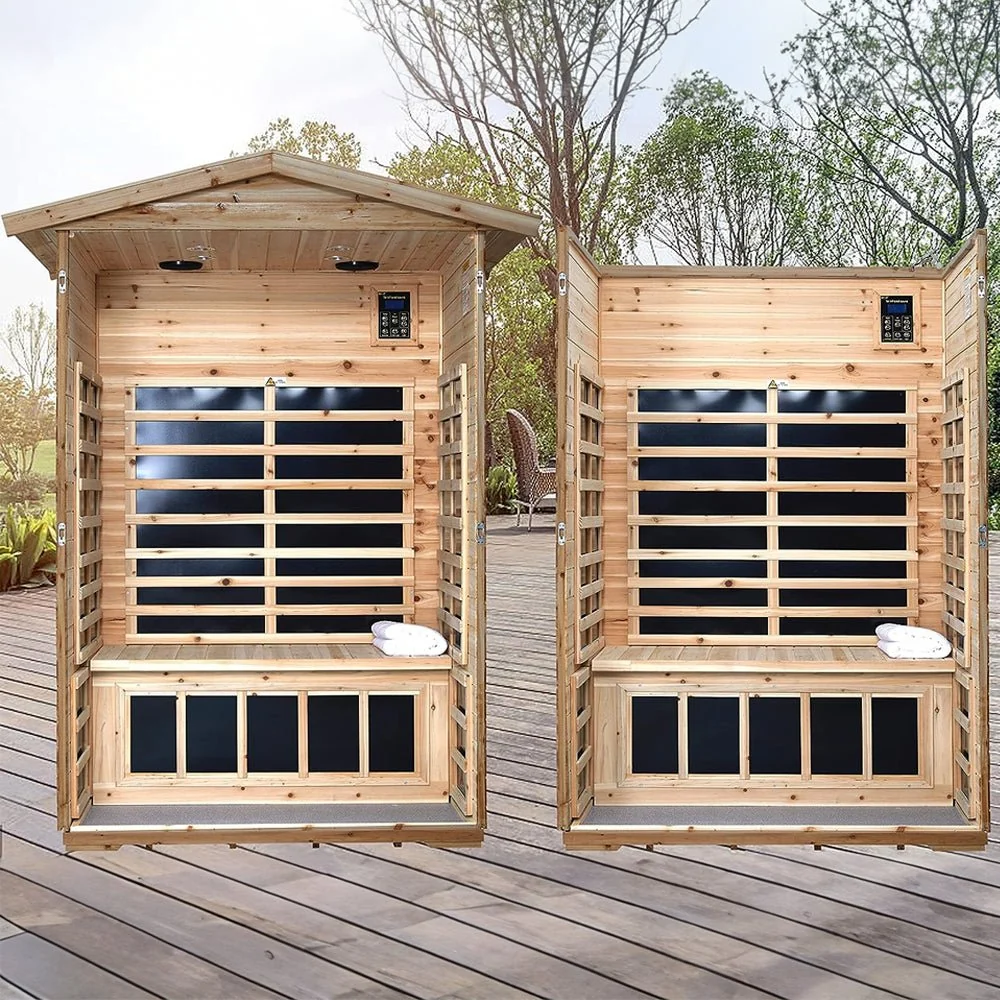 Premium 2-Person Indoor Outdoor Low EMF FAR-Infrared Hemlock Wood Personal Home Sauna Spa, 1750W (93728461) - Image 2