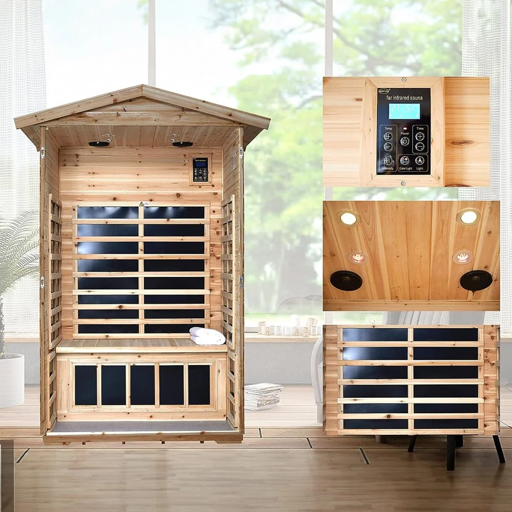Premium 2-Person Indoor Outdoor Low EMF FAR-Infrared Hemlock Wood Personal Home Sauna Spa, 1750W (93728461) - Image 3