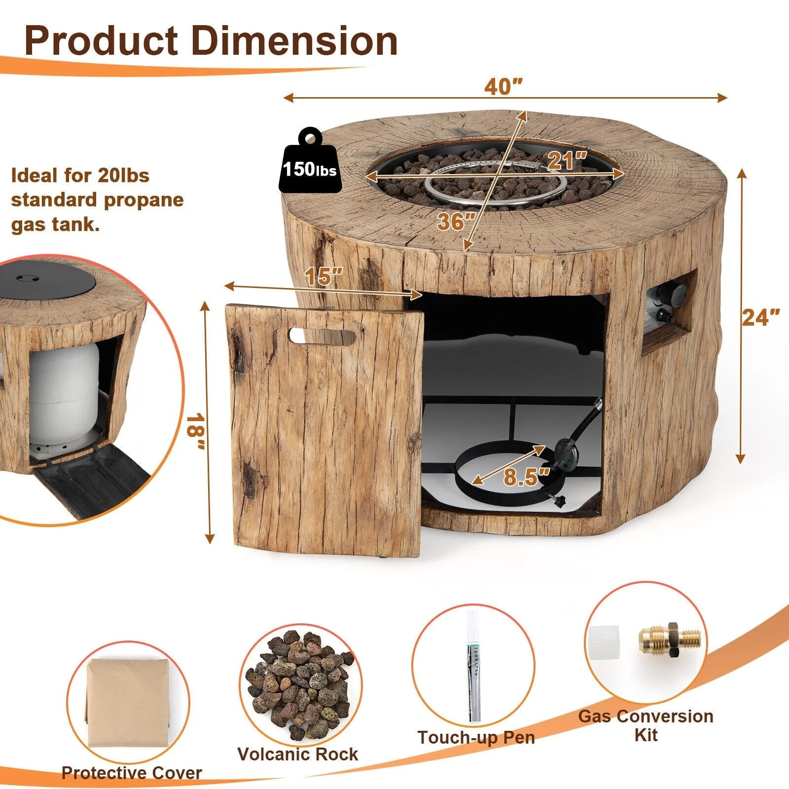 Premium 40" Round Propane Gas Fire Pit Table W/ PVC Cover, Rocks & Gas Kit (91544852) - Image 10