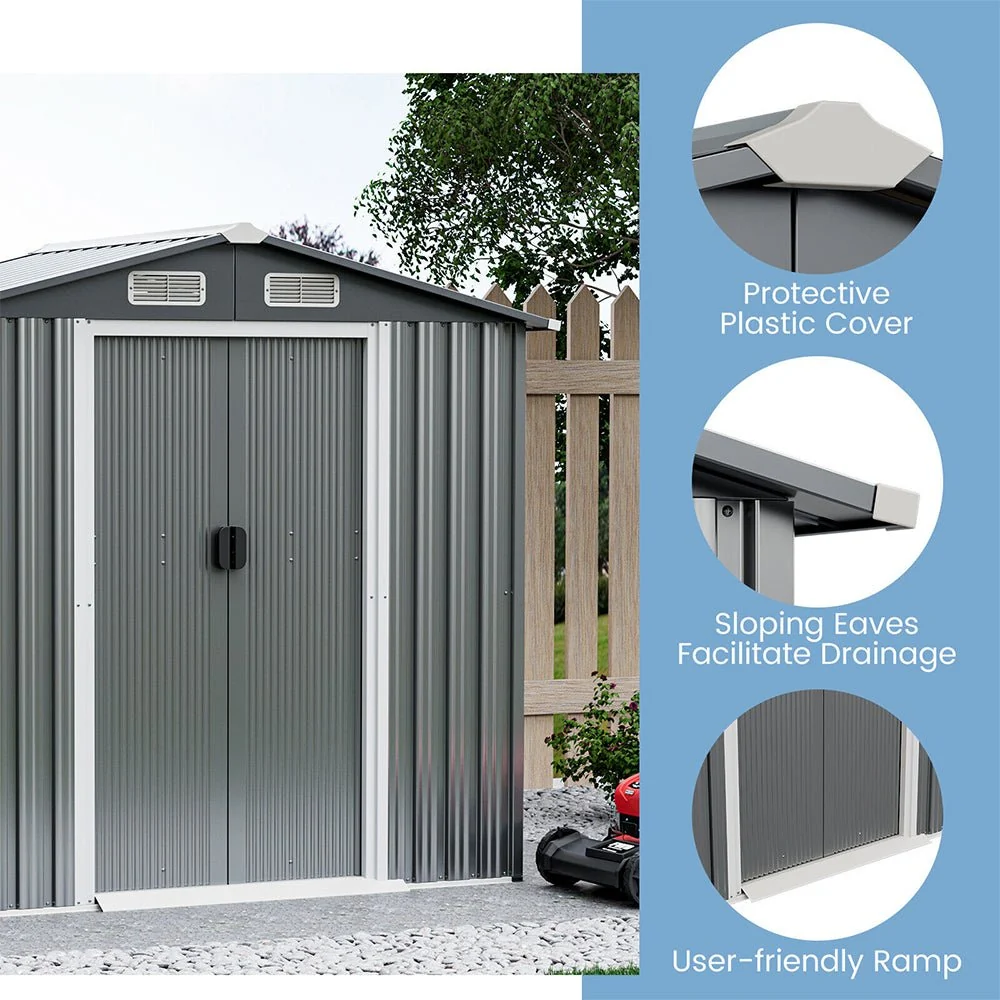 Premium Garden Galvanized Steel Storage Shed W/ Lockable Sliding Doors, 6x4' (93175842) - Image 3