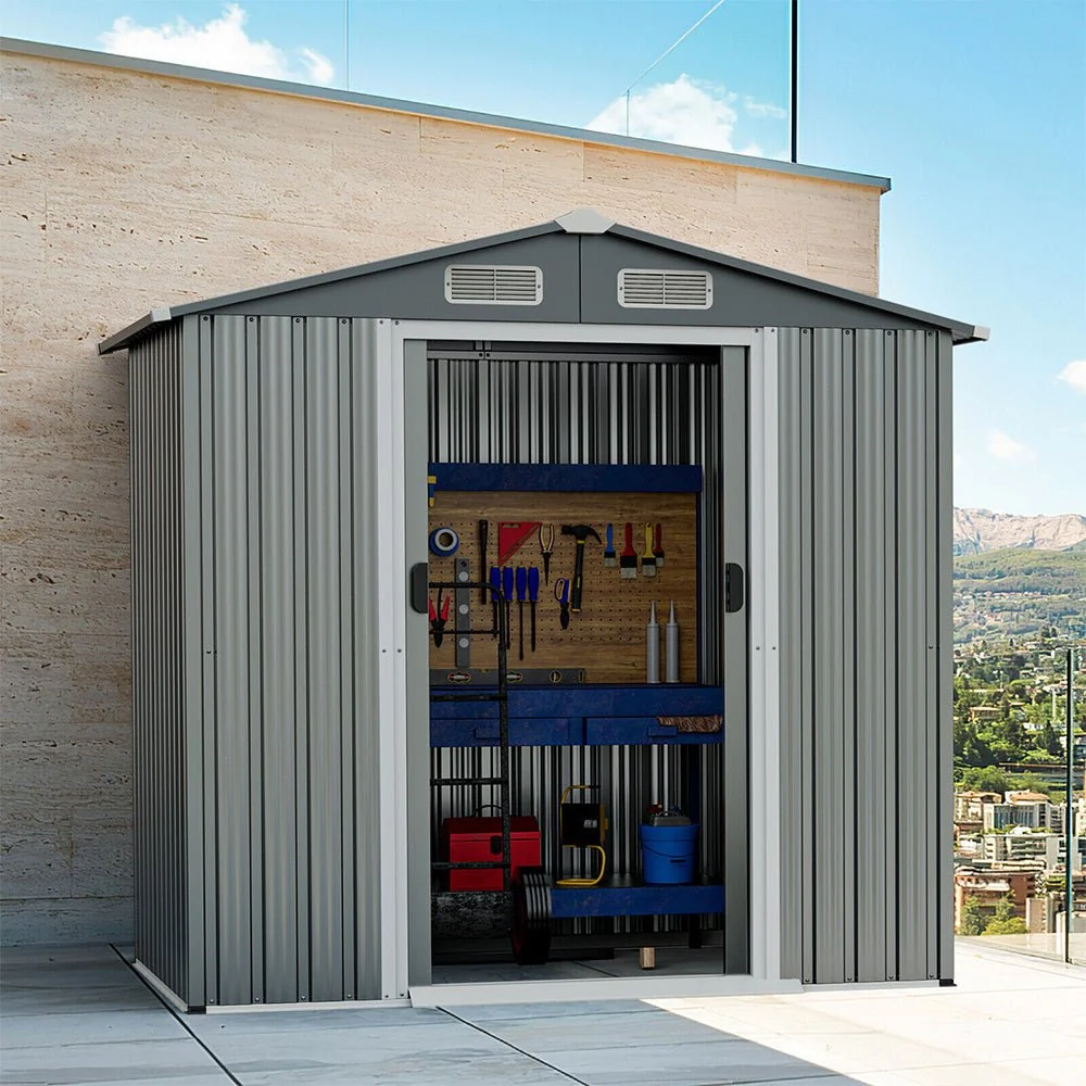 Premium Garden Galvanized Steel Storage Shed W/ Lockable Sliding Doors, 6x4' (93175842) - Image 4
