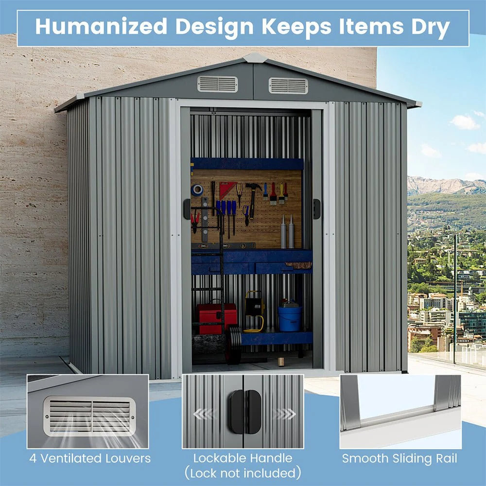 Premium Garden Galvanized Steel Storage Shed W/ Lockable Sliding Doors, 6x4' (93175842) - Image 6