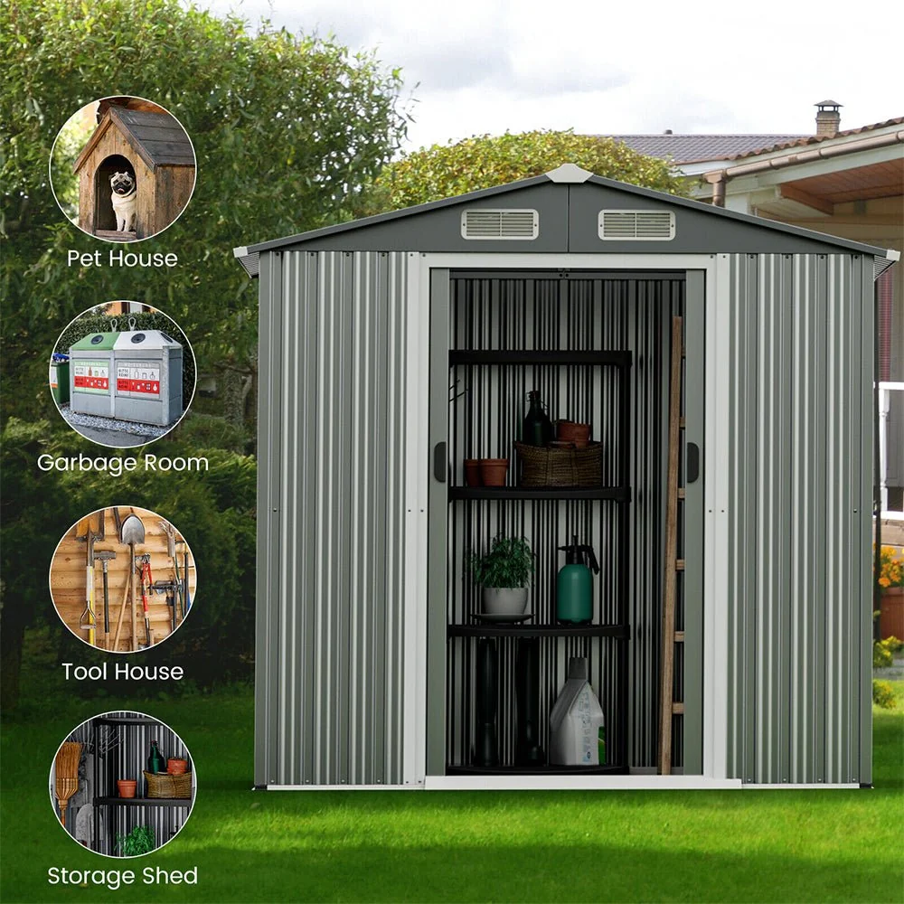 Premium Garden Galvanized Steel Storage Shed W/ Lockable Sliding Doors, 6x4' (93175842) - Image 7