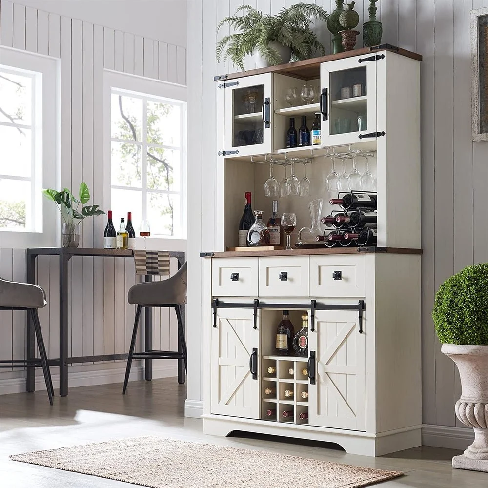 Premium Home Bar Wine Cabinet W/ Sliding Barn Door, 72" (97631842)