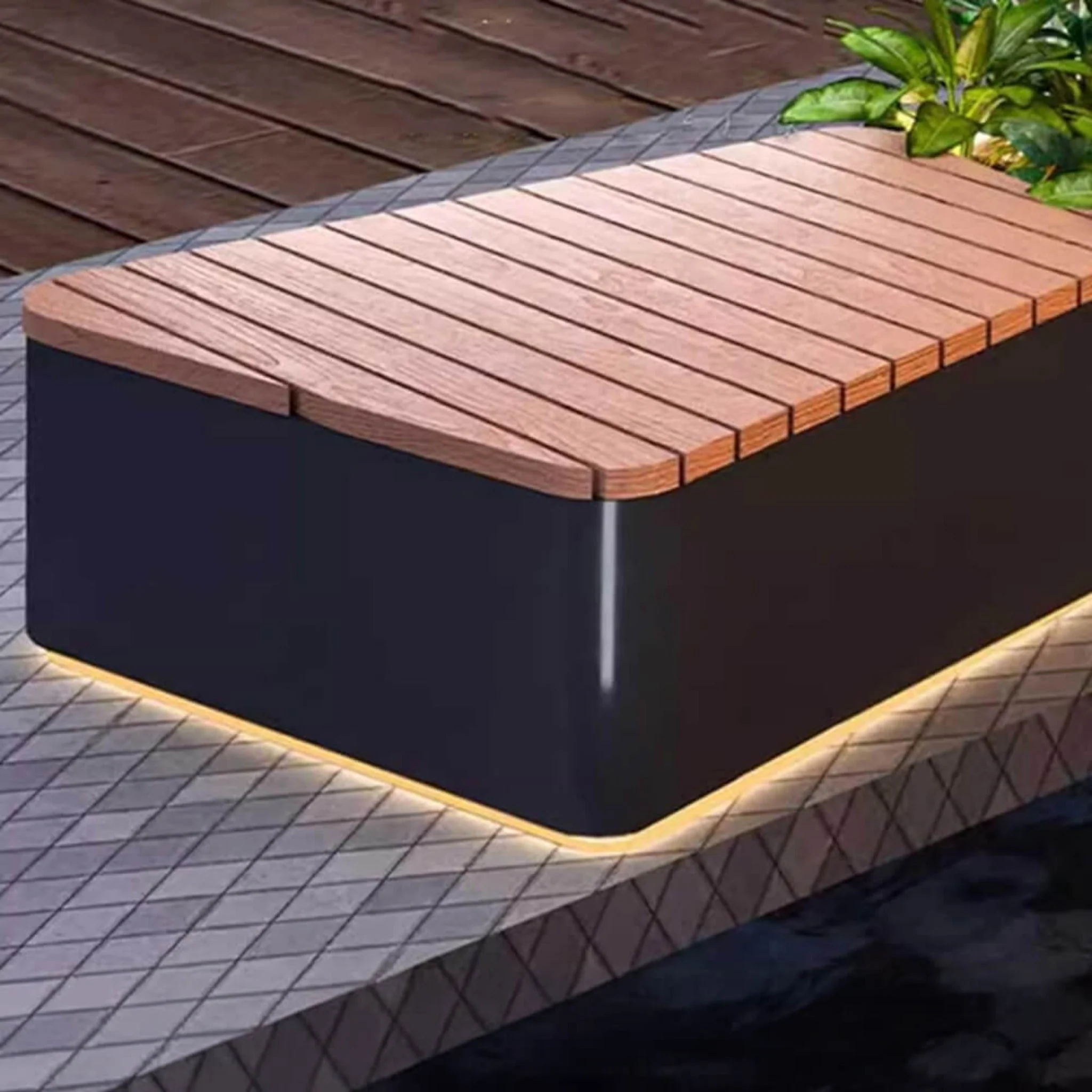 Premium Outdoor Commercial Wooden Street Bench With Steel Frame And Planters - Image 5