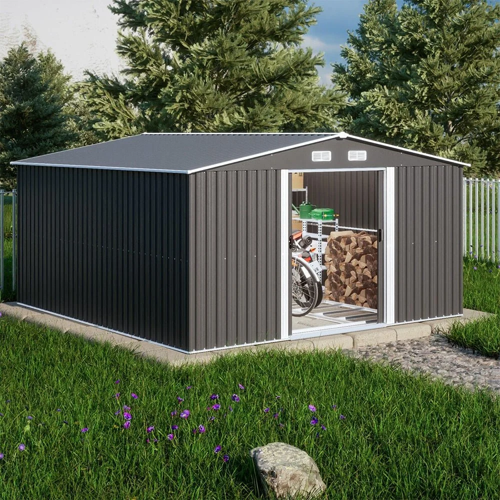 Premium Outdoor Galvanized Steel Backyard Storage Shed W/ Dual Lockable Sliding Doors, 11x13' (95382641)