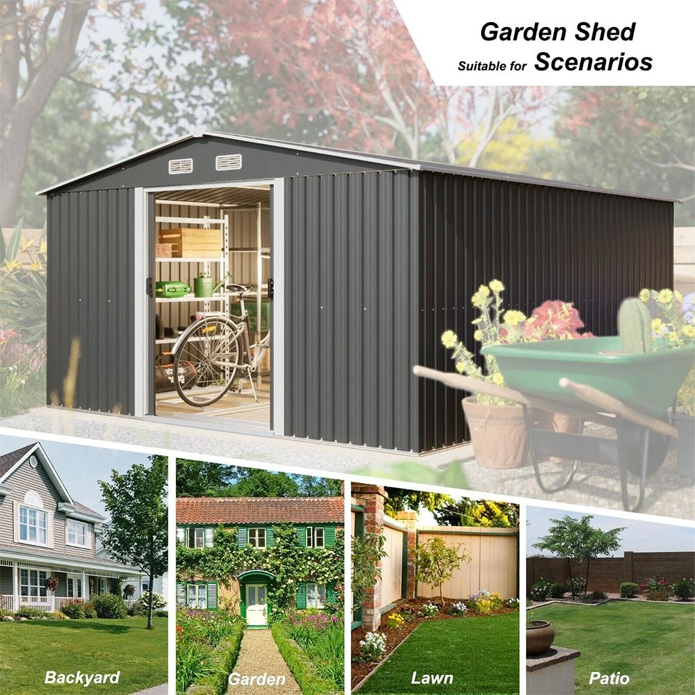 Premium Outdoor Galvanized Steel Backyard Storage Shed W/ Dual Lockable Sliding Doors, 11x13' (95382641) - Image 2