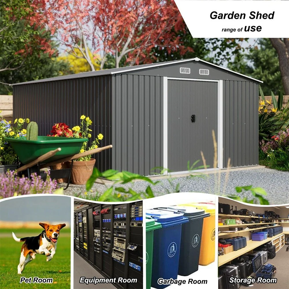 Premium Outdoor Galvanized Steel Backyard Storage Shed W/ Dual Lockable Sliding Doors, 11x13' (95382641) - Image 3