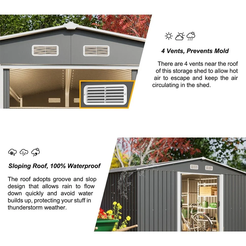 Premium Outdoor Galvanized Steel Backyard Storage Shed W/ Dual Lockable Sliding Doors, 11x13' (95382641) - Image 6