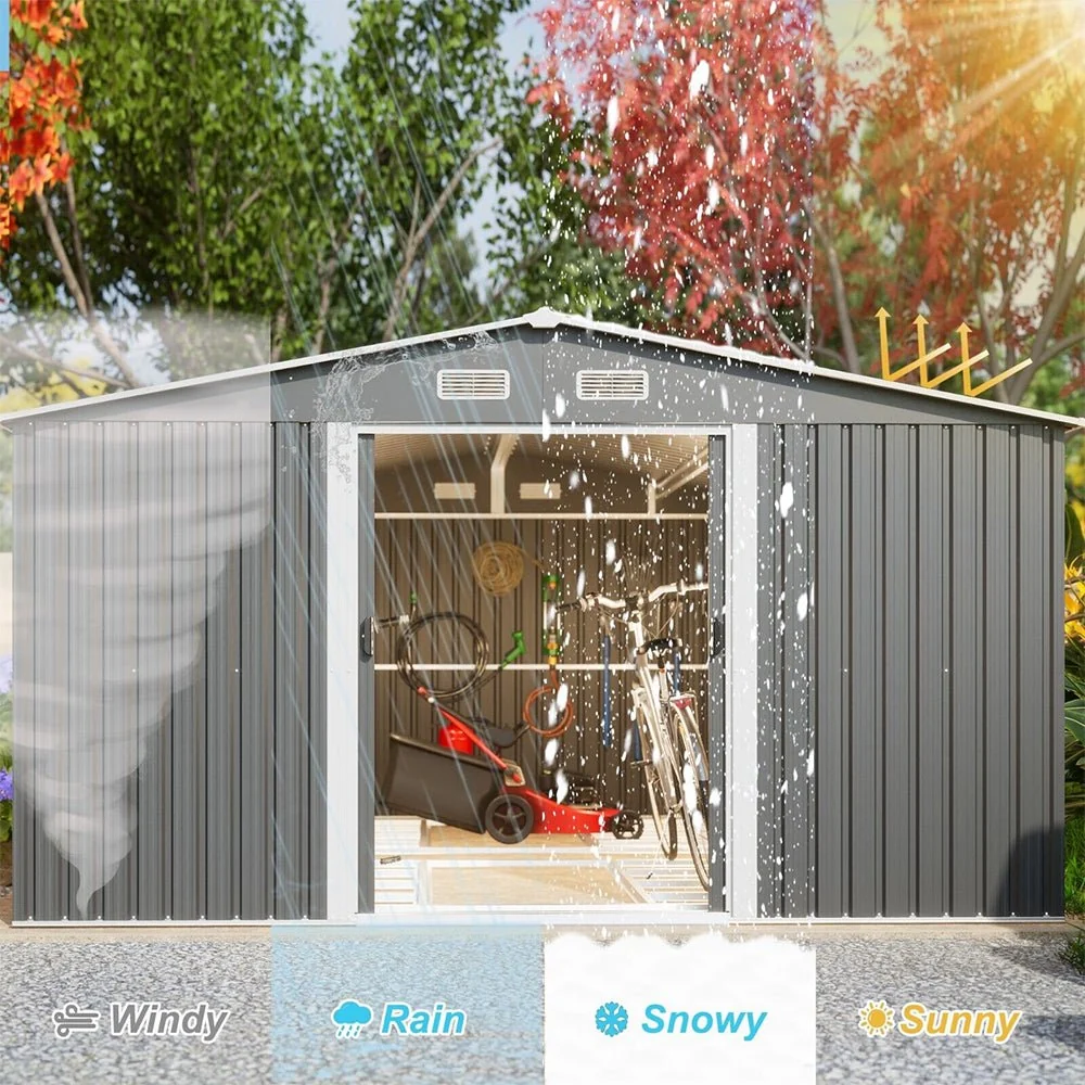 Premium Outdoor Galvanized Steel Backyard Storage Shed W/ Dual Lockable Sliding Doors, 11x13' (95382641) - Image 7