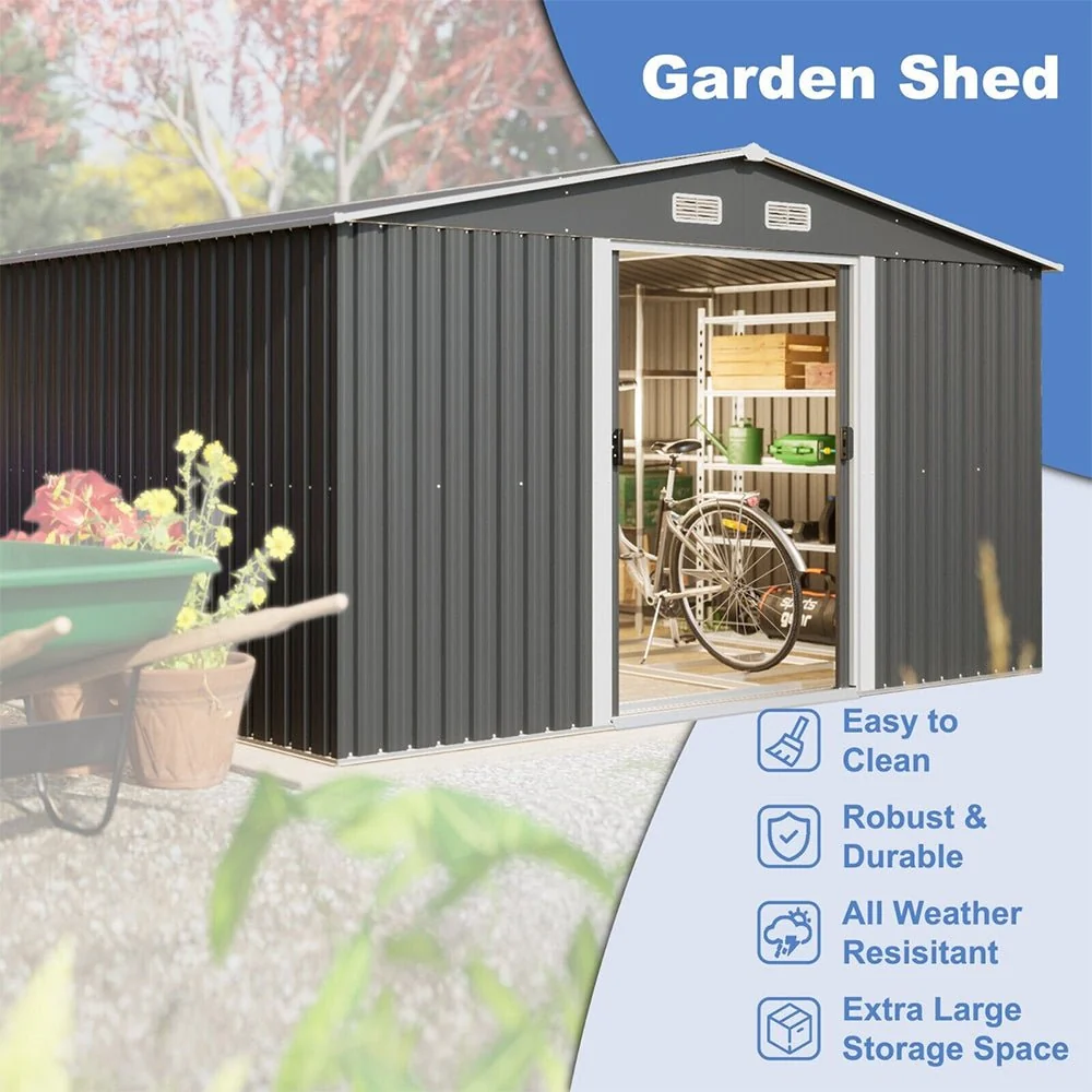Premium Outdoor Galvanized Steel Backyard Storage Shed W/ Dual Lockable Sliding Doors, 11x13' (95382641) - Image 8