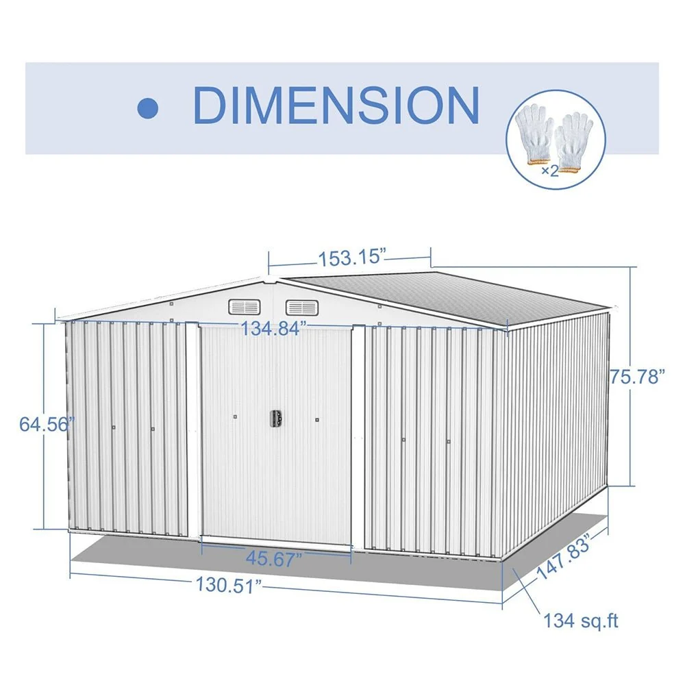 Premium Outdoor Galvanized Steel Backyard Storage Shed W/ Dual Lockable Sliding Doors, 11x13' (95382641) - Image 9