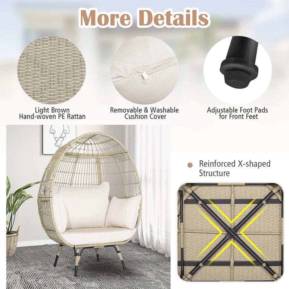 Premium Oversized Rattan Patio Egg Lounge Chair Basket With Cushions, 57" (95761284) - Image 6