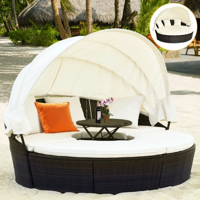 Premium Round Outdoor Patio Rattan Daybed W/ Canopy & Table, 76" - Image 11