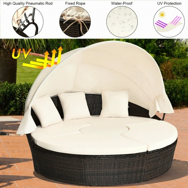 Premium Round Outdoor Patio Rattan Daybed W/ Canopy & Table, 76" - Image 2