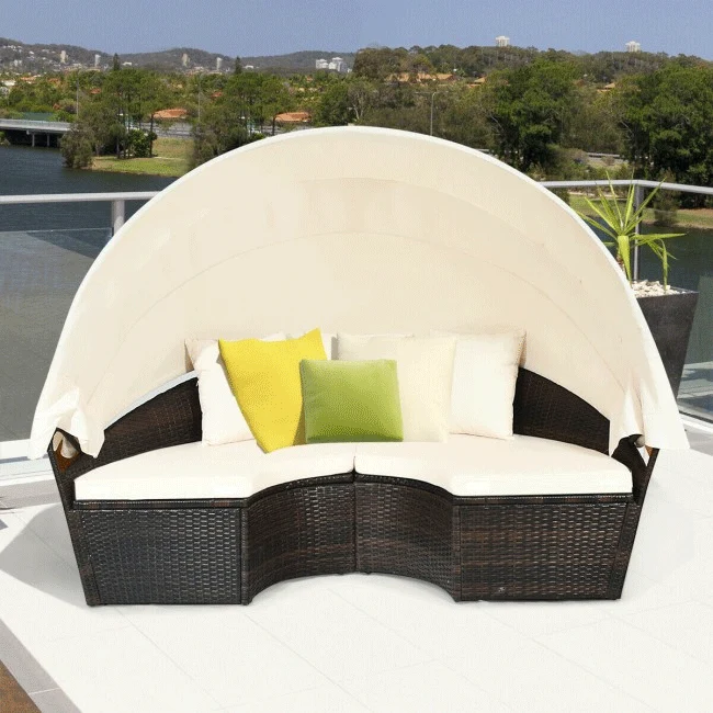 Premium Round Outdoor Patio Rattan Daybed W/ Canopy & Table, 76" - Image 6