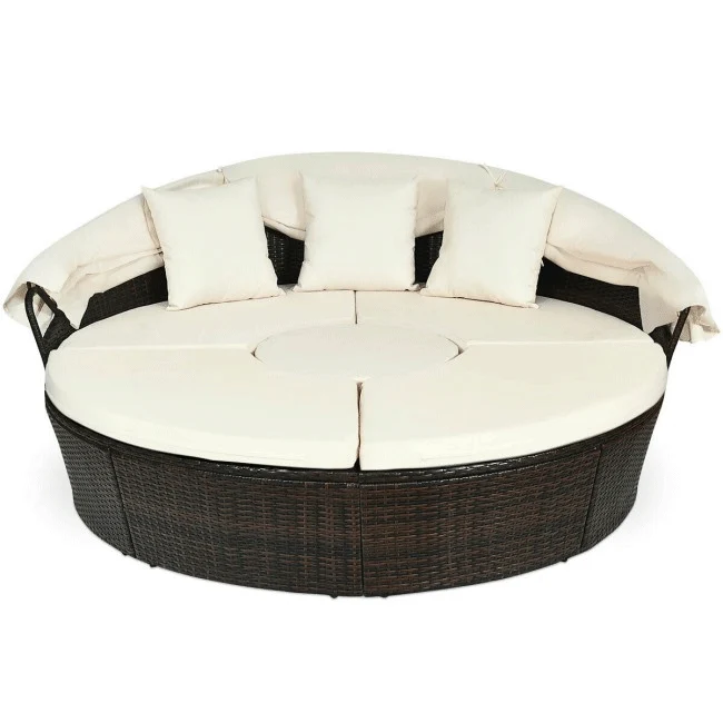Premium Round Outdoor Patio Rattan Daybed W/ Canopy & Table, 76" - Image 7