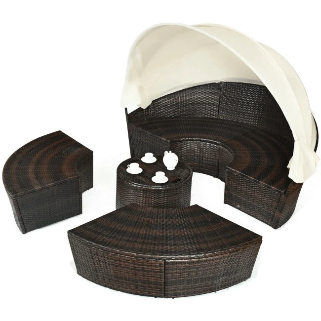 Premium Round Outdoor Patio Rattan Daybed W/ Canopy & Table, 76" - Image 8