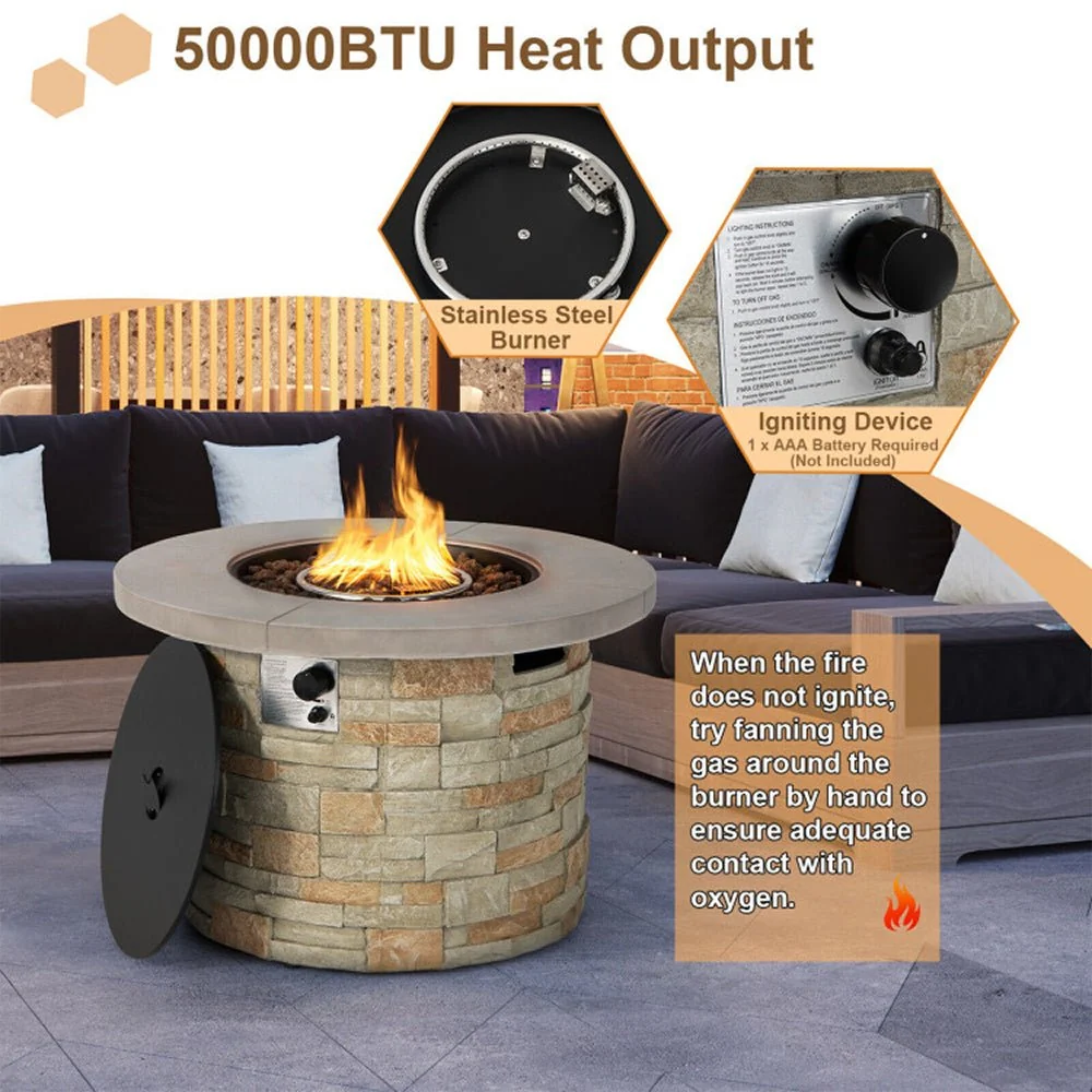 Premium Round Outdoor Propane Patio Gas Fire Pit Table W/ Lava Rock & Cover, 36" (98524173) - Image 10