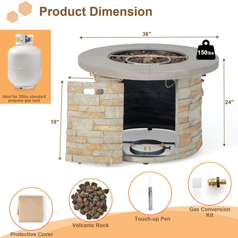 Premium Round Outdoor Propane Patio Gas Fire Pit Table W/ Lava Rock & Cover, 36" (98524173) - Image 5