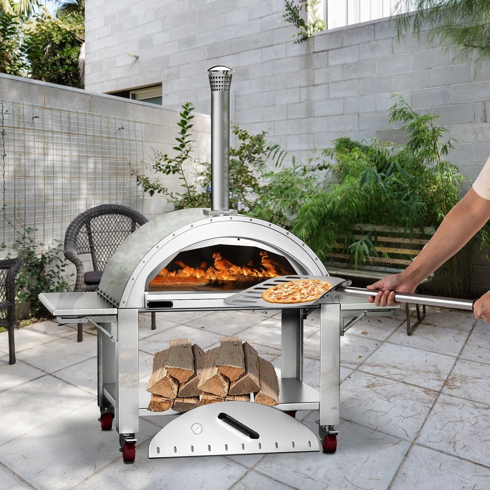 Premium Wood-Fired Stainless Steel Artisan Pizza Oven Maker With Wheels, 46 Inch - Image 11