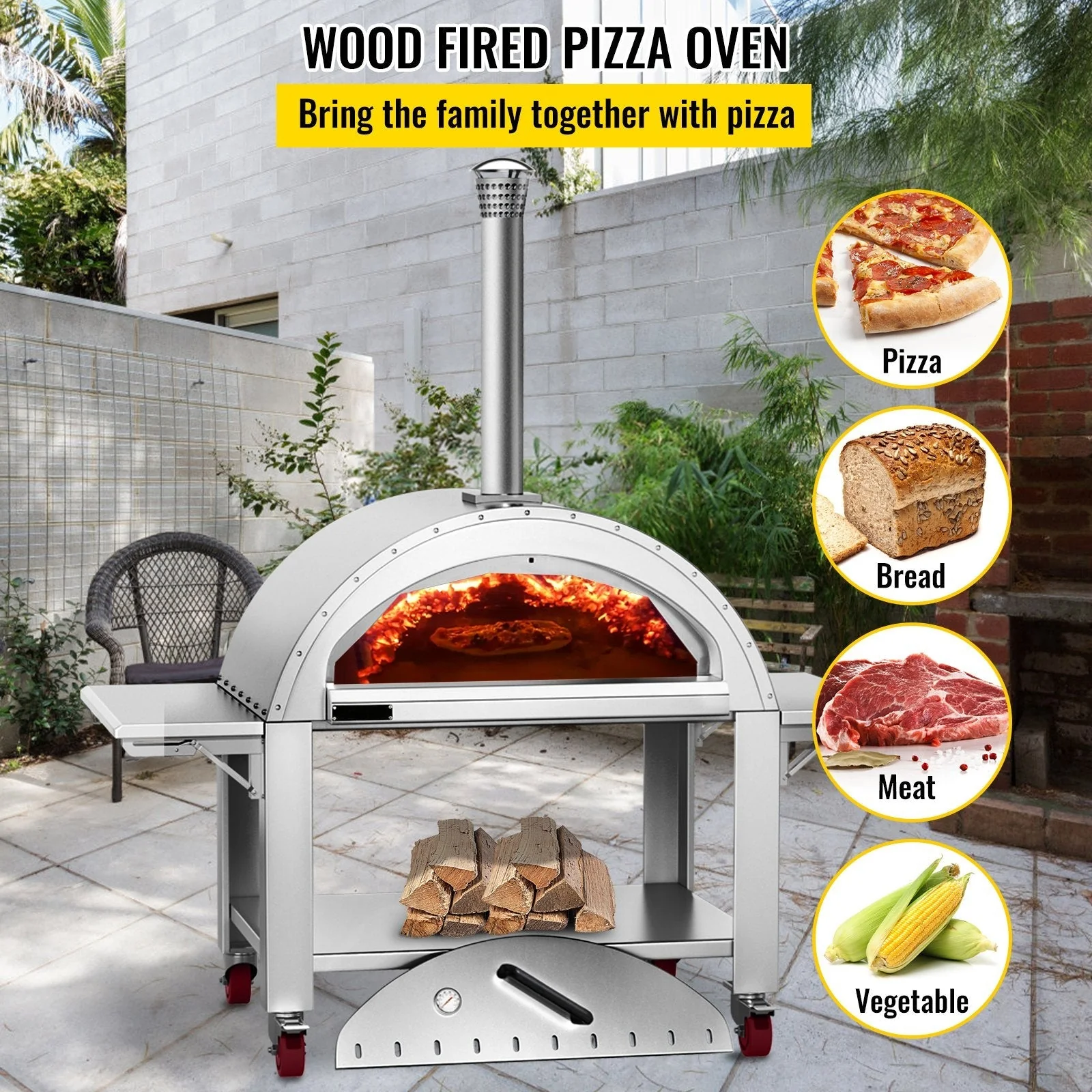 Premium Wood-Fired Stainless Steel Artisan Pizza Oven Maker With Wheels, 46 Inch - Image 2