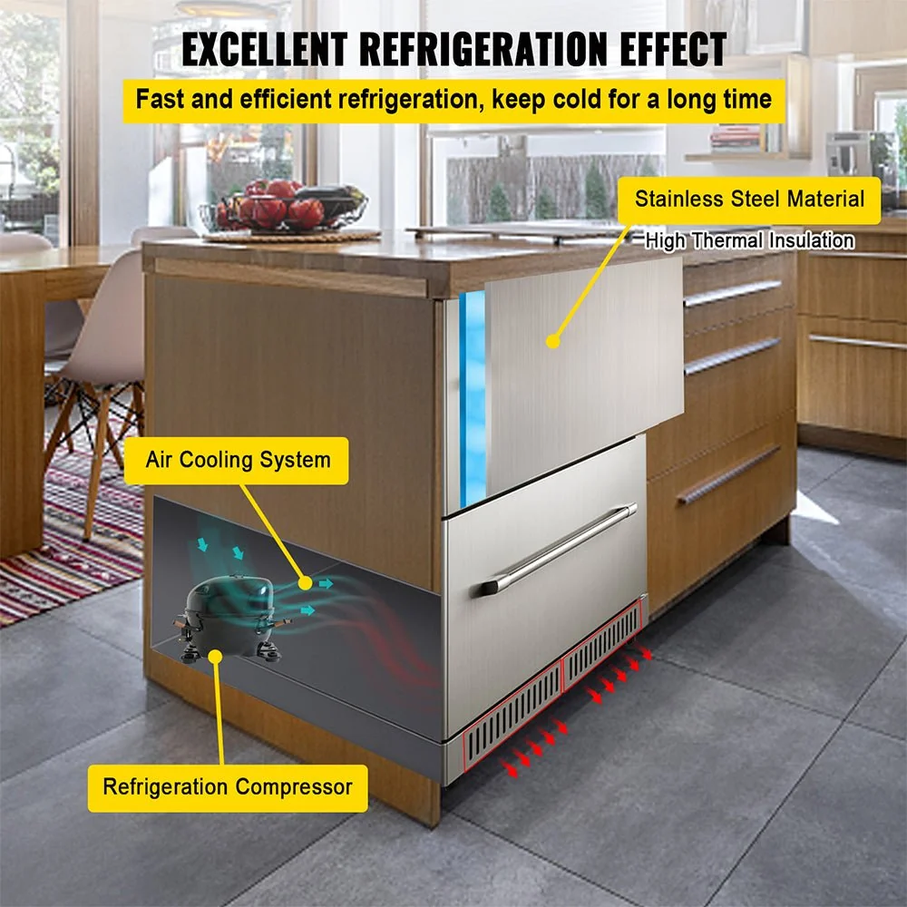 Small Double Drawer Stainless Steel Built-In Undercounter Beverage Refrigerator, 5.1 Cu.Ft. - Image 6