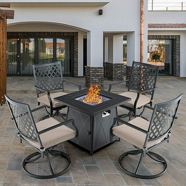 Sophia & William Outdoor Gas Fire Pit Table Set W/ Cushioned Swivel Dining Chairs, 5PCS